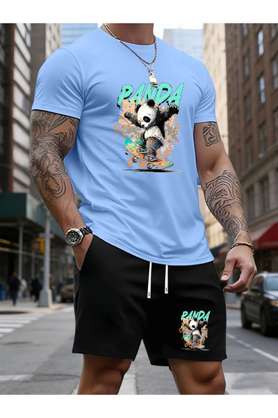 LAVİTTA Panda Printed white t-shirt black shorts knitted top bottom set