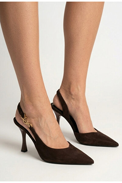 ŞAH High Quality Brown Suede Open Back 7cm Heeled Evening Dress Shoes