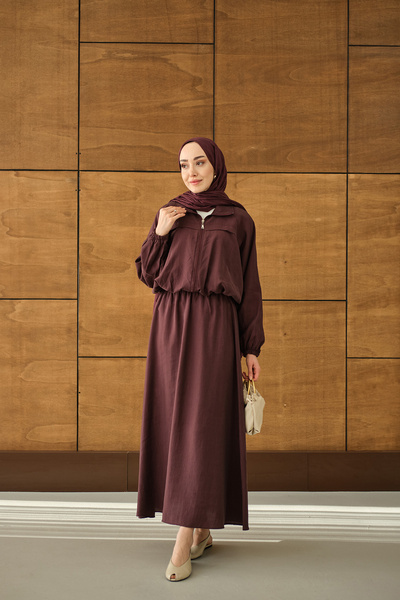 LOCCO Women's Shirt Collar Zippered Skirt Suit, Plum