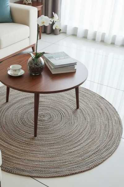 Round Natural Textured Decor Rug – Bohemian Minimal Living Room Rug with Straw Look