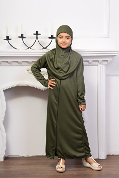 Defkay Kız Çocuk Namaz Elbisesi - Kendinden Başörtülü Önü Fermuarlı Pratik Model