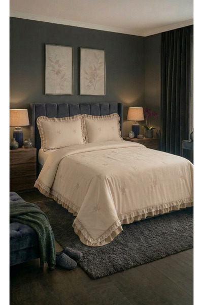 LALHOME Cotton Filled Set of Double Bedspread - Beige 240X260 cm