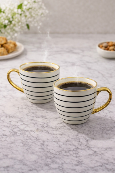 YzHome 2-Piece Porcelain Mug with Patterned Gold Detail 220ml