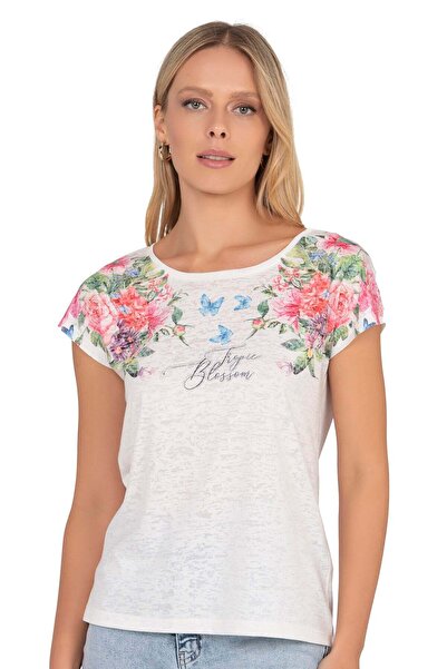 Kompedan Kadın Floral Desenli Yazı Detaylı Bluz | Özkan Ekru 25792