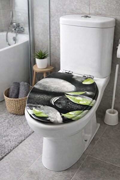 TEKZEN Capac WC decorativ cu design natură – pietre și frunze verzi, MDF, balamale metalice