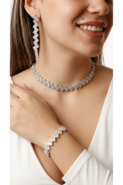 HUBANN Zirkon ve Kristal Taşlı Gösterişli Su Yolu Takı Seti Kolye Küpe Bilekl...