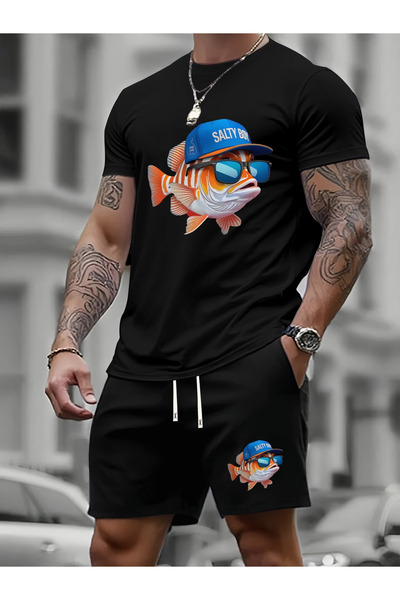 LAVİTTA Salty boy Printed white t-shirt black shorts knitted top bottom set