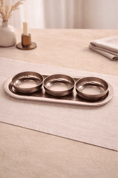 Sarkap Home 3'lü Çerezlik ve Sunumluk Tepsi Seti - Açık Bronz