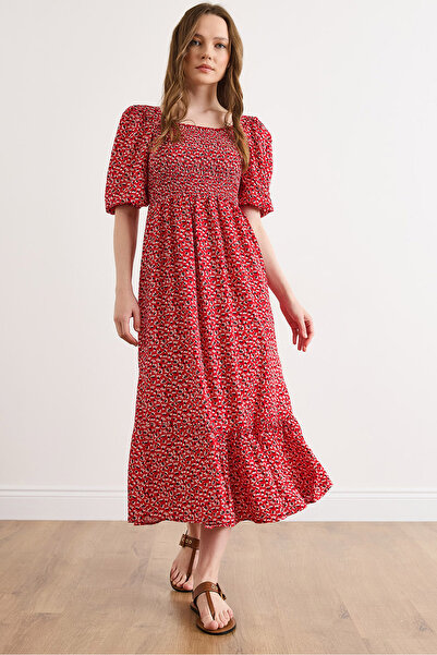 Olalook Γυναικείο Κόκκινο Φόρεμα Gipe με Λεπτομέρειες Midi Υφαντό Βισκόζη ELB...