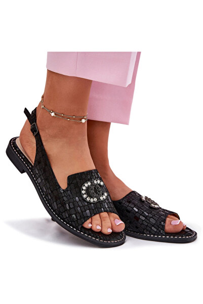 S.BARSKI Leather Sandals With Decoration On Flat Heel KV51-096 Black 40