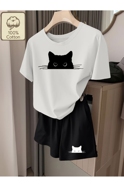 LAVİTTA Cat Shorts T-Shirt - Shorts Bottom Top Tracksuit Set B Printed O Over...