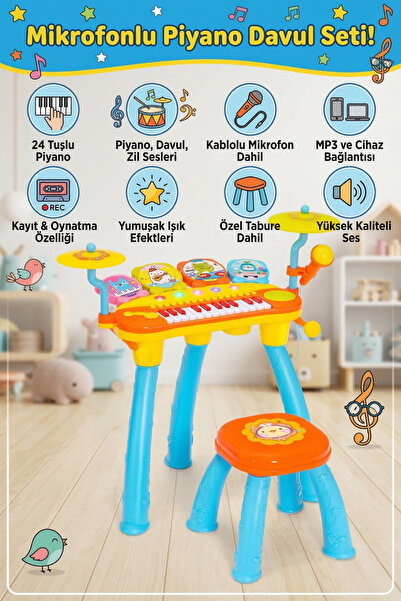 craftivio Mikrofonlu Işıklı Sesli Çocuk Oyuncak Piyano Davul Seti - Tabureli ...
