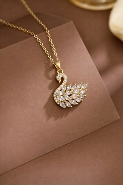 CAXBERN قلادة زيركون مرصّع بالأحجار 316l من الفولاذ الذهبي على شكل بجعة