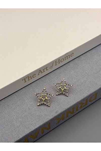 Luminos Butik Women's Star Form Gold Detailed Zircon Stone Earrings