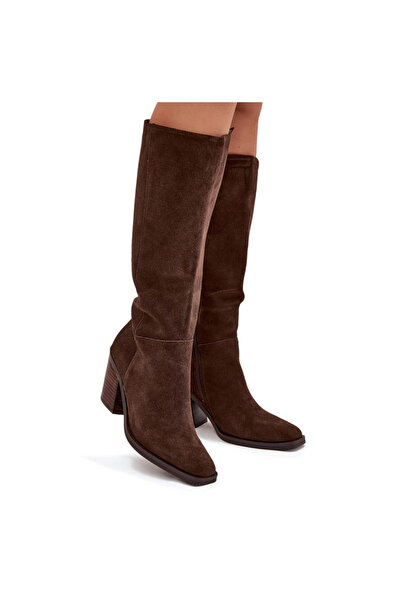 BOTO Cizme până la genunchi din piele întoarsă cu fermoar, culoare ciocolată,...