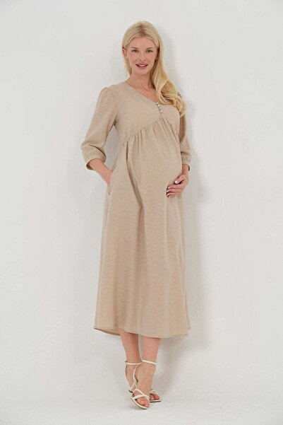 BUSA Rochie de maternitate cu decolteu în V, cu nasturi, cu jumătate de mânec...