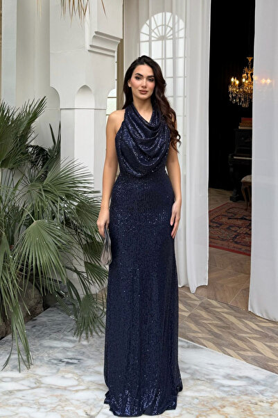 Sindimoda Berrak Sequin Embroidery Degaje Collar Evening Dress 1089