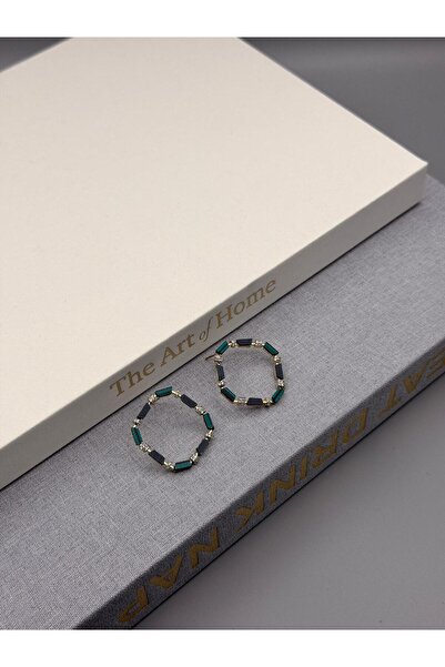 Luminos Butik Women's Gold Color Green Navy Blue Stone Detailed Geometric Hoo...