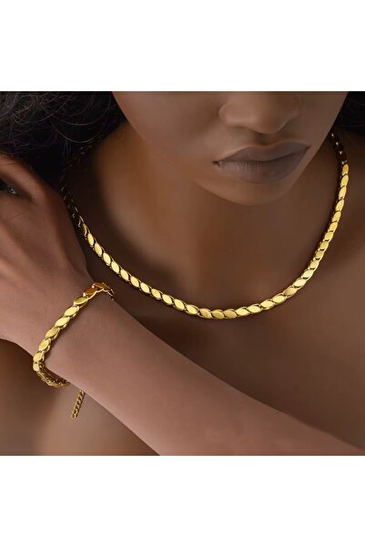 CAXBERN 22 Ayar Altın Kaplama Arpa Zincir 316l Çelik Kolye Bileklik Set 60 cm...