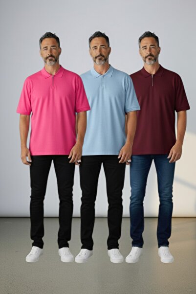 Altamira Men's Pink Baby Blue Claret Red 3-Piece Half-Zip Basic Casual T-Shir...