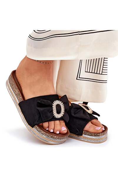 BOTO Sandale cu platformă pentru femei, cu fundă și broșă decorativă, negre, ...