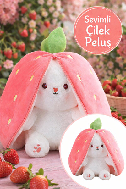 TOYFEST Pembe Çilek Tavşan Peluş Oyuncak 35 cm Dönüşebilen Çilek Tavşan Yumuş...