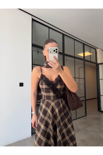 BB Bensu Buyruk Rochie cu bretele detaliată, ecosez piese, mărimea D, dantelă...