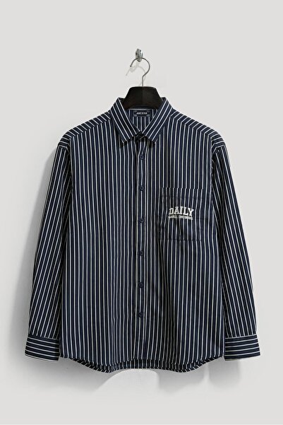 GIESTO Striped Embroidered Navy Blue Shirt