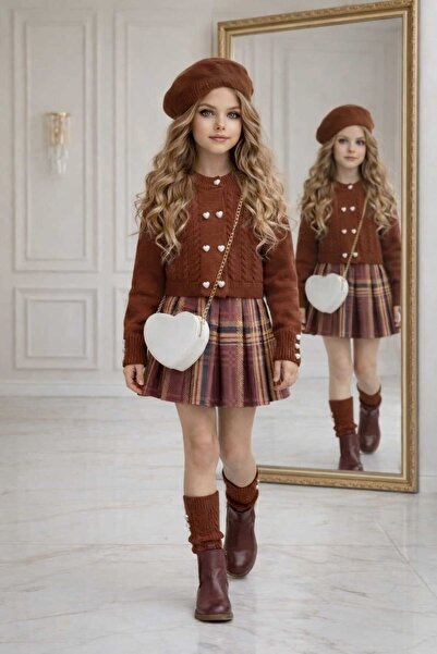 UZUN BUTİK Kids Girls' Knitwear Cardigan and Skirt Set Dust Bag
