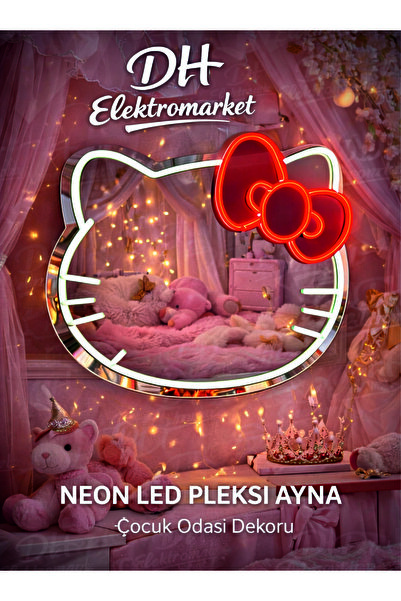 DHELEKTROMARKET Hello Kitty Neon LED Pleksi Ayna – Çocuk Odası Dekoru (60x55 cm)
