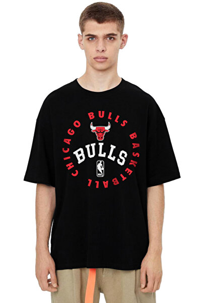 ROCKANDROLL Tricou negru pentru bărbați Bulls Basket supradimensionat