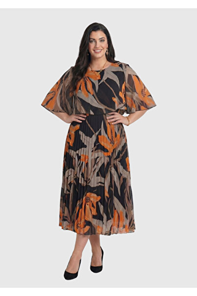 LİLAS XXL Büyük Beden Turuncu Desen Baskılı Şifon Elbise