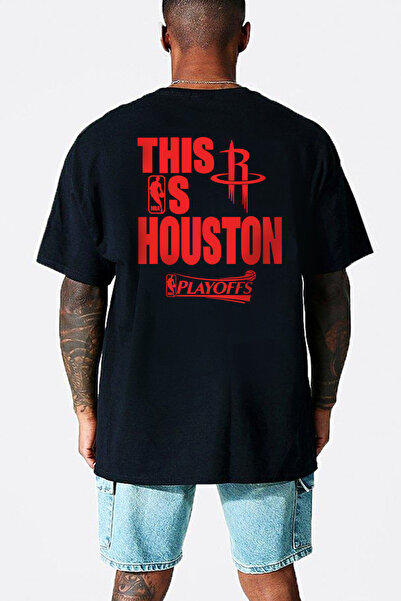 ROCKANDROLL Tricou Rockets Basketball supradimensionat negru pentru bărbați