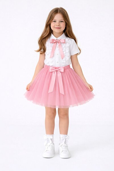 Nacar Şık Tasarımlı Kız Çocuk Fırfırlı Gömlek ve Tütü Etek Takımı 23 Nisan 29...