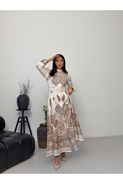 NEW JOURNAL Rochie maxi din țesătură Atlas Ecru-Camel pentru femei guler ridi...