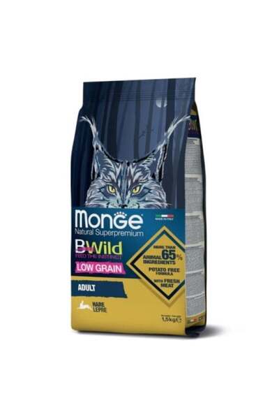 Monge Hrană alimentară pentru pisici BWild Low Grain Adult cu iepuri – 1,5 kg
