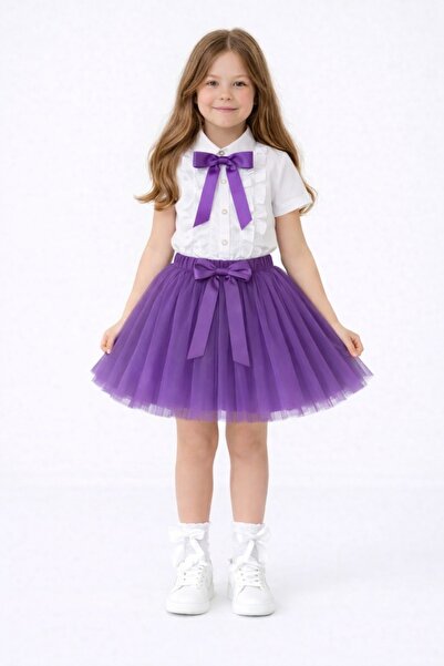 Nacar Şık Tasarımlı Kız Çocuk Fırfırlı Gömlek ve Tütü Etek Takımı 23 Nisan 29...