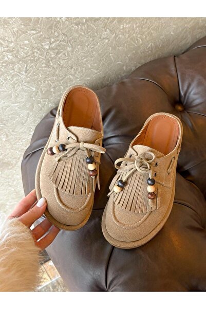 ERVANIN BUTİĞİ Bej Süet (Lina) Saraçlı Boncuk Detay Kadın Terlik