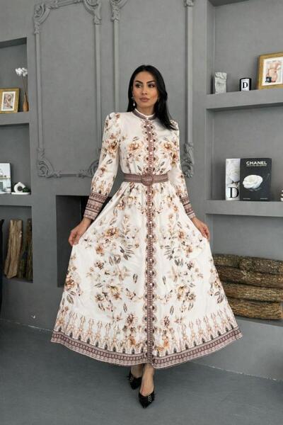 NEW JOURNAL Rochie maxi pentru femei, alb-maro, din țesătură Atlas, cu detali...