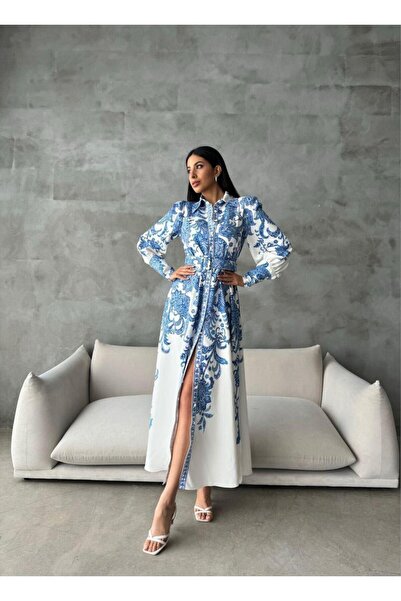 NEW JOURNAL Women's White-Blue Atlas Fabric Shirt Collar Belt Pack Maxi Dress...