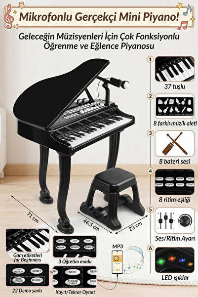 craftivio Mikrofonlu Tabureli Oyuncak Kuyruklu Piyano - 37 Tuşlu Eğitici Org ...