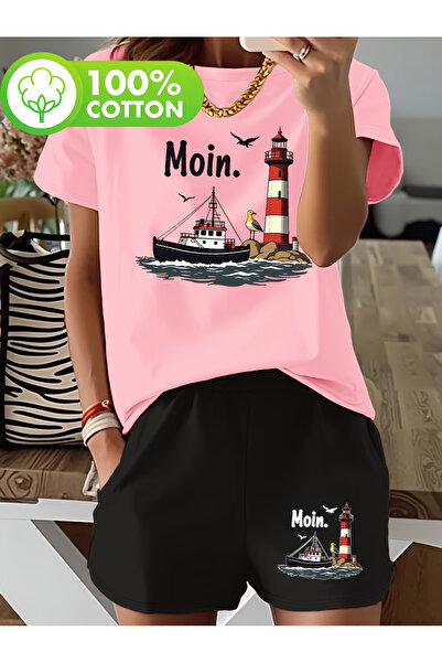 LAVİTTA Unisex Moi̇n B Printed White T-Shirt Black Shorts Knitted Bottom Top Set