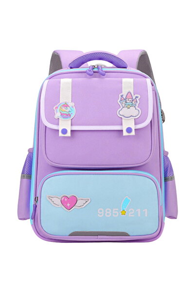 LEAN School Backpack with Chest Strap and Patches, Purple, 16L
