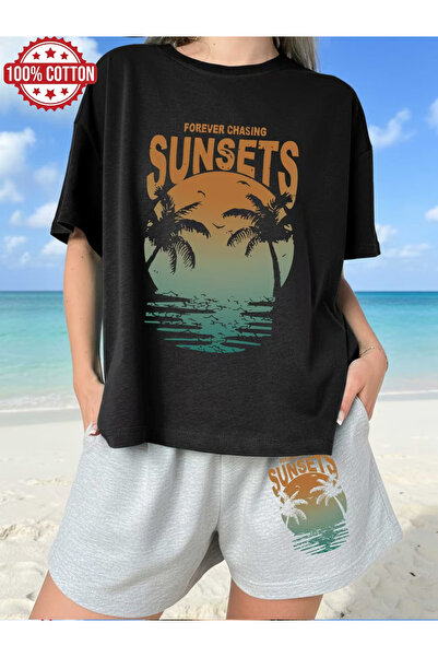 LAVİTTA SUNSET طقم تي شيرت أبيض للجنسين مطبوع مع شورت أسود محبوك من الأسفل