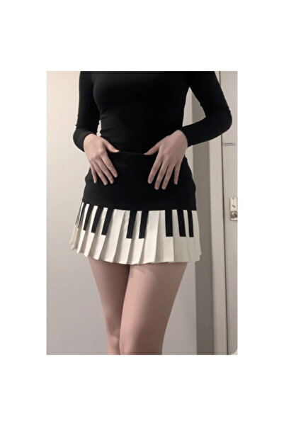 İsra Ayyıldız Moonstar Collection Siyah Piano Pileli Grunge Viral Y2K Etek