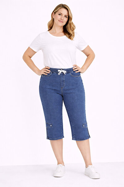 Şans Women's Plus Size Blue, Elastic Waist, Slit Detail at the Leg, High Wais...