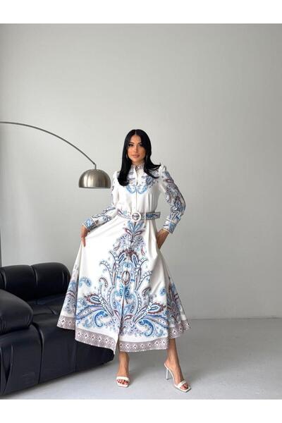 NEW JOURNAL Γυναικείο Λευκό-Πολύχρωμο Υφασμάτινο Φόρεμα Άτλας Με έθνικ μοτίβο...