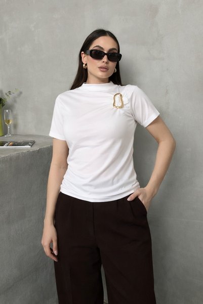 spirituel Women's Short-Sleeved T-Shirt with Gold Buckle Detail, Gathered Half Turtleneck, Sandy Lycra Stylish Blouse