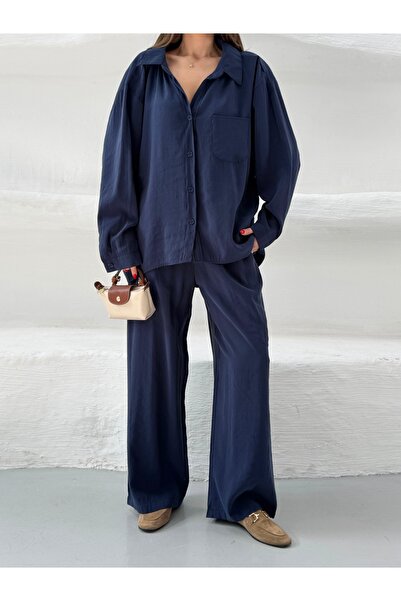 NEW JOURNAL Γυναικείο Navy Blue Με τσέπες Cupralı Μοντάλ Σετ πάνω-κάτω FRV0158