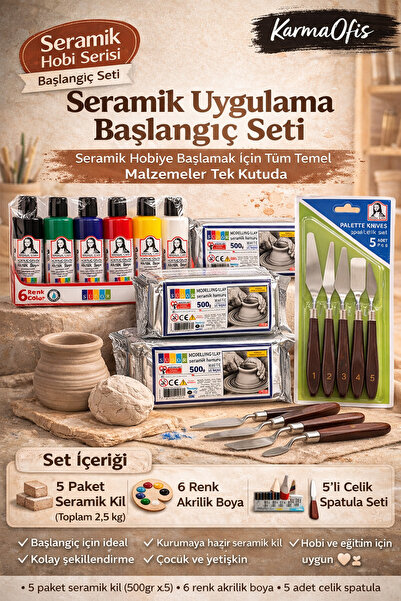 KarmaOfis Seramik Hobi Başlangıç Seti 5x500gr Kil + 6'lı Akrilik Boya + 5'li ...